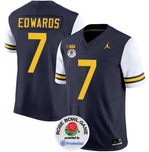 Mens Michigan Wolverines #7 Donovan Edwards 2023 F.U.S.E. Navy White Rose Bowl Patch Stitched Jersey Dzhi